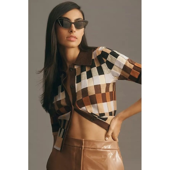 Anthropologie Sweaters - Maeve Anthropologie Kinsley Checkered Ribbed Collared Cropped Cardigan Sweater L